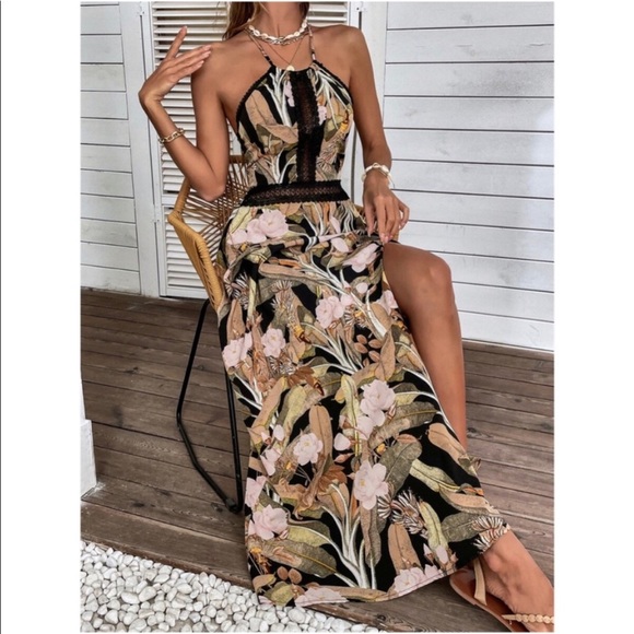 Boho Floral Print Criss Cross Lace Maxi Dress Cottagecore - Picture 2 of 9